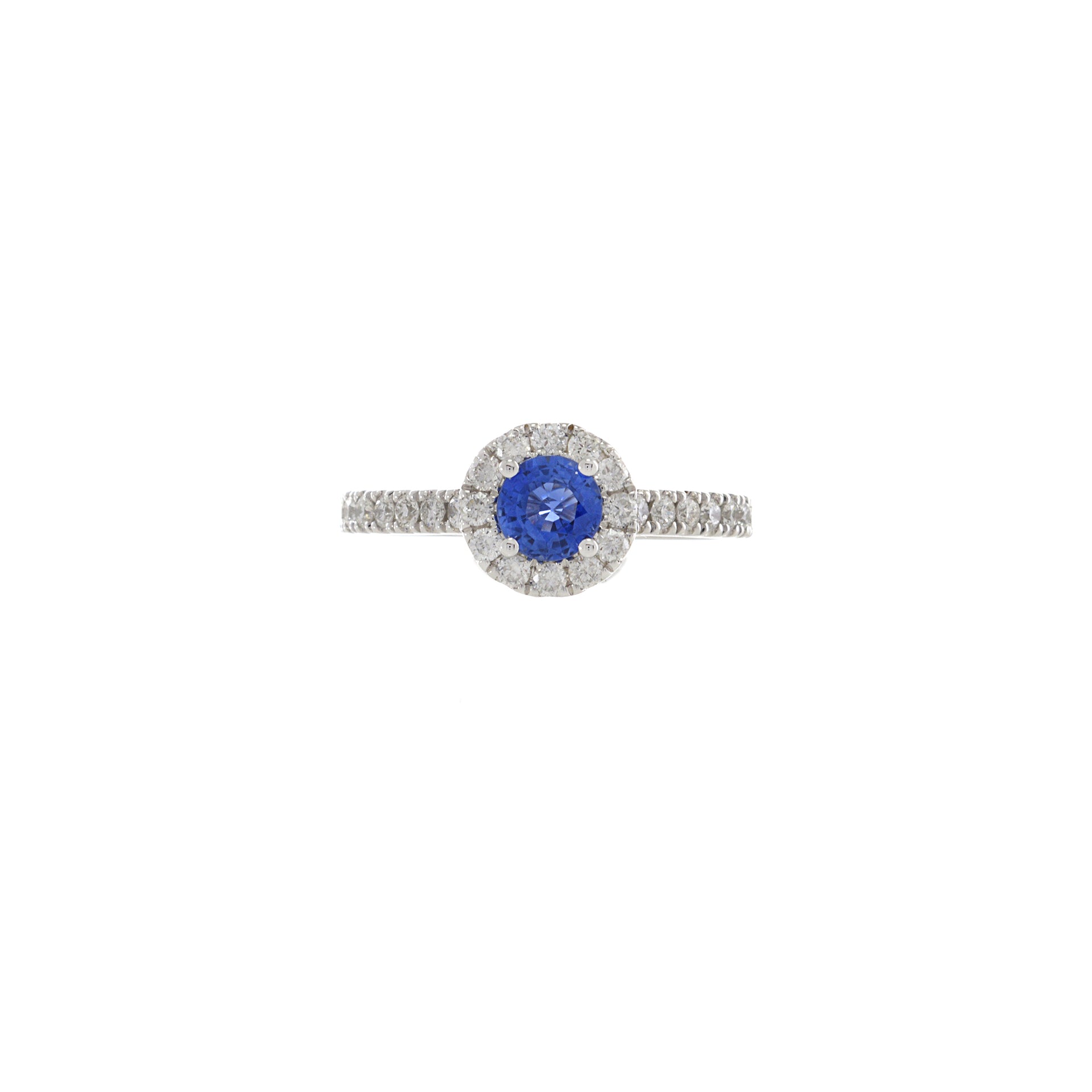 18KT White Gold Round Sapphire and Diamond Halo Ring