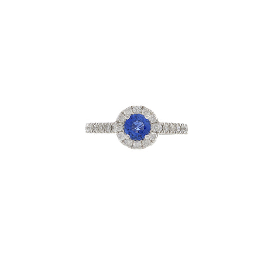 18KT White Gold Round Sapphire and Diamond Halo Ring