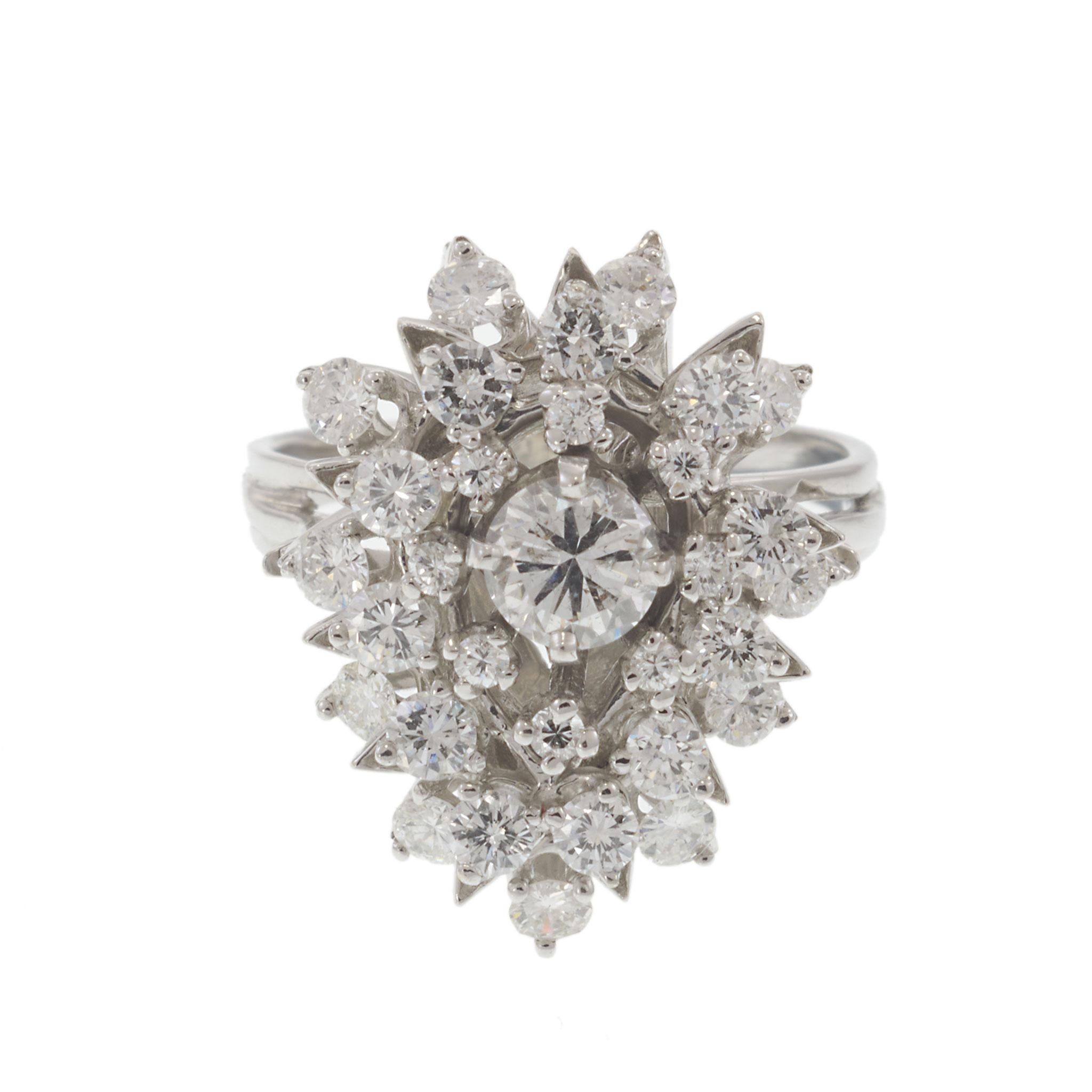 Vintage Retro Era 18KT White Gold Diamond Waterfall Cluster Ring