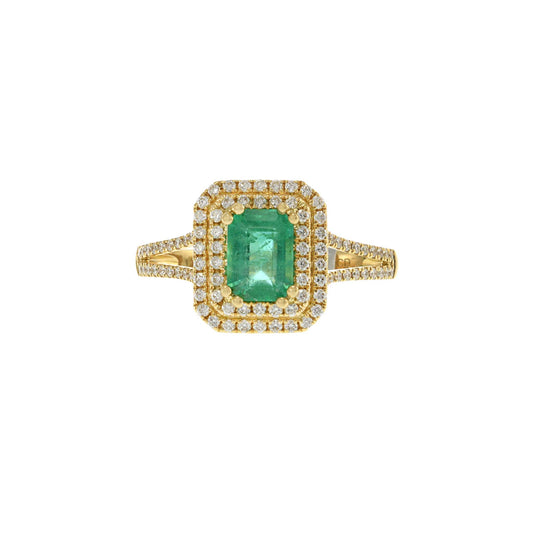 18KT Yellow Gold Emerald Cut Emerald and Diamond Double Halo Ring