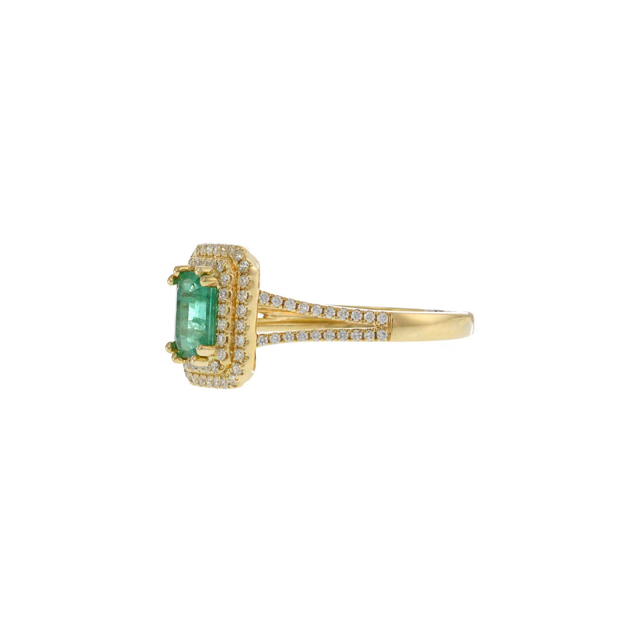 18KT Yellow Gold Emerald Cut Emerald and Diamond Double Halo Ring