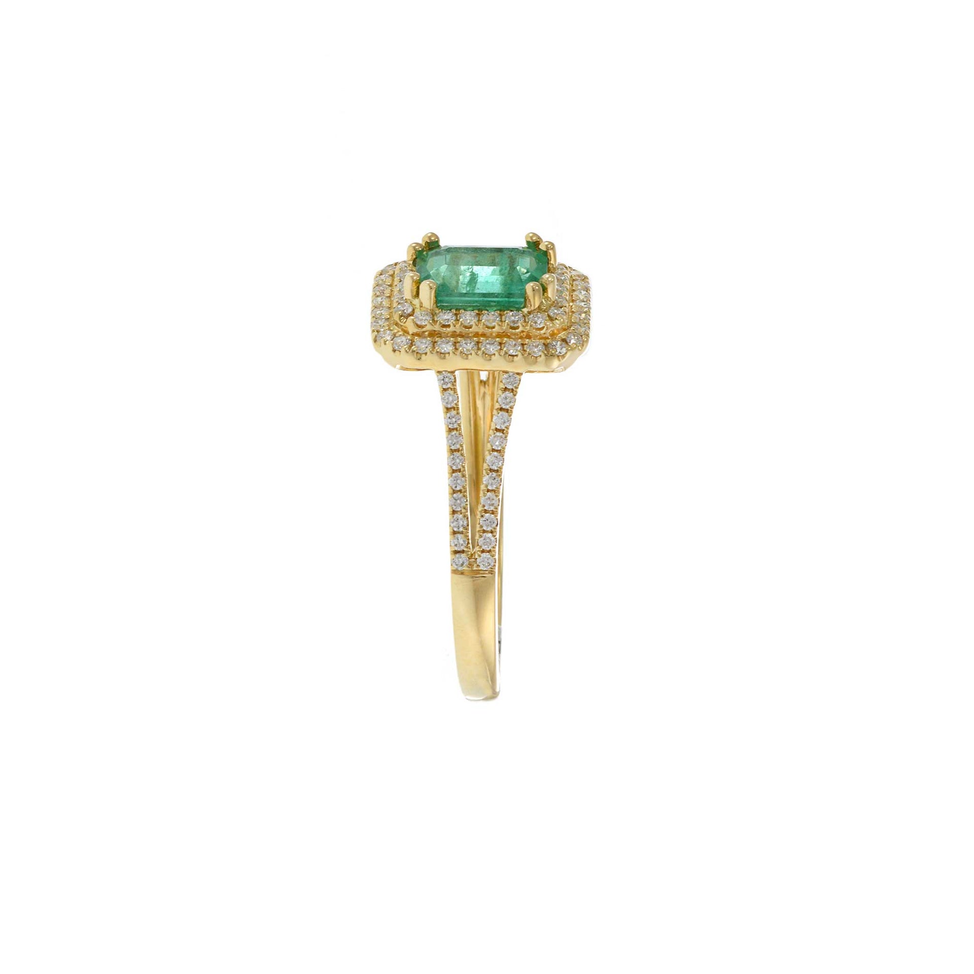 18KT Yellow Gold Emerald Cut Emerald and Diamond Double Halo Ring