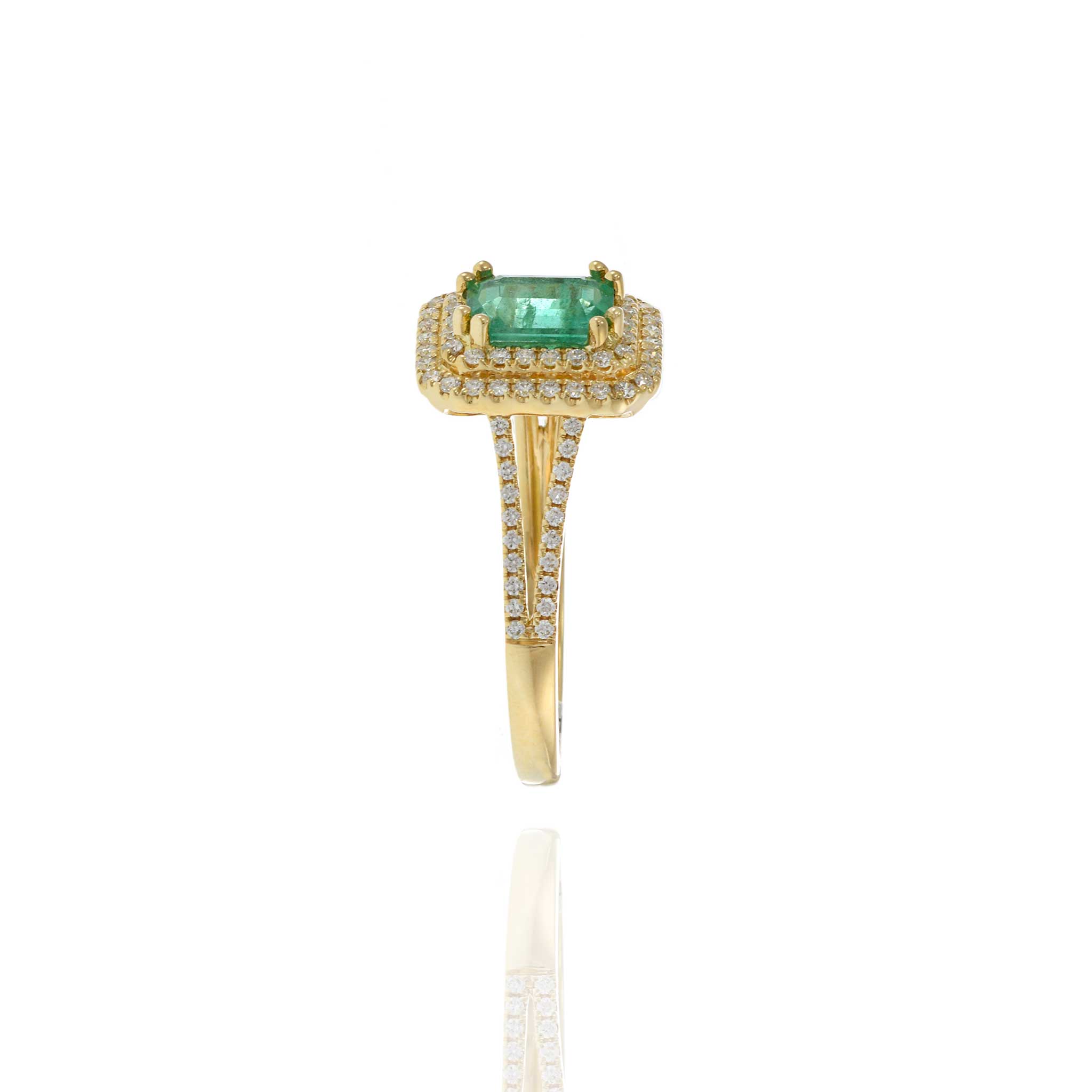 18KT Yellow Gold Emerald Cut Emerald and Diamond Double Halo Ring