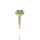 18KT Yellow Gold Emerald Cut Emerald and Diamond Double Halo Ring