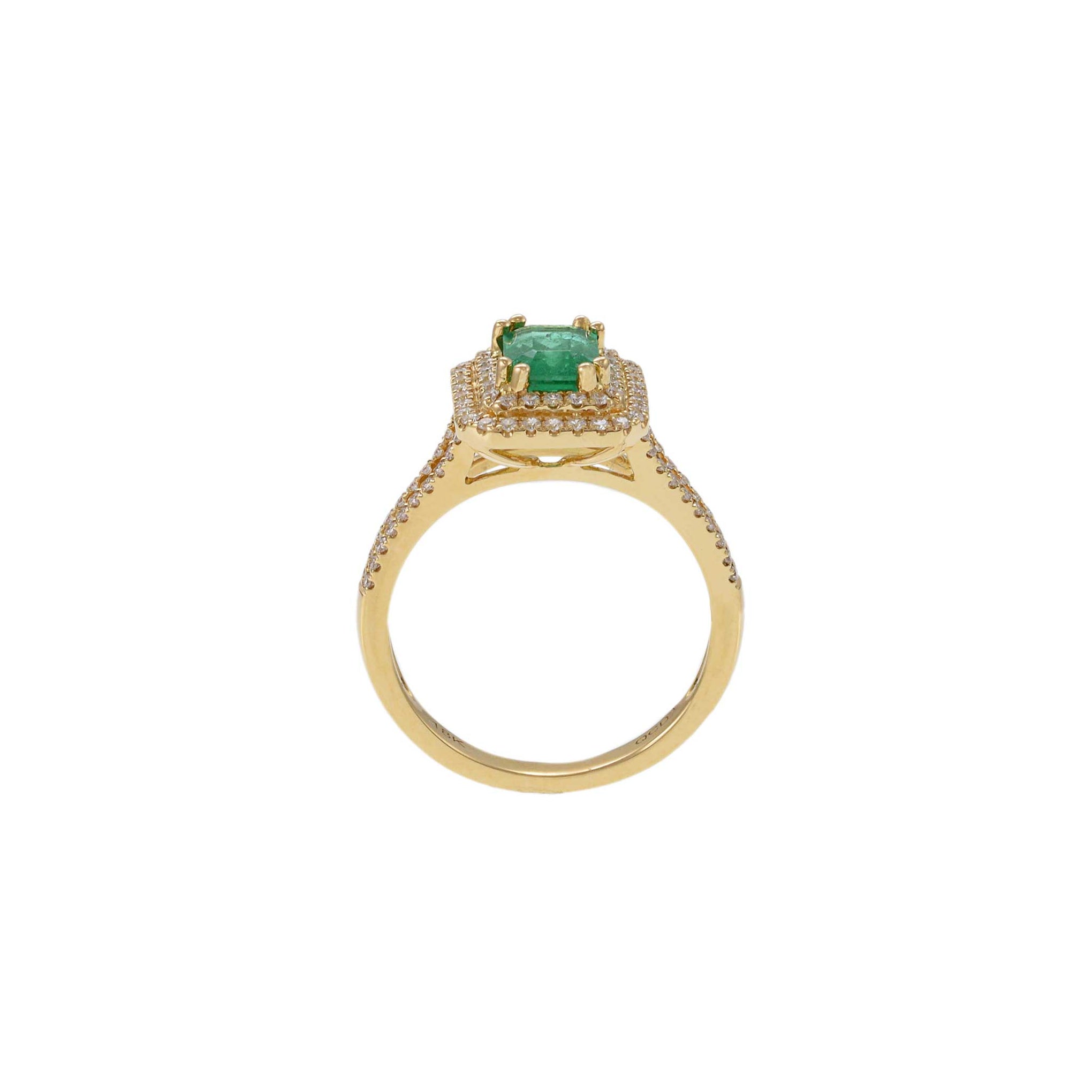 18KT Yellow Gold Emerald Cut Emerald and Diamond Double Halo Ring