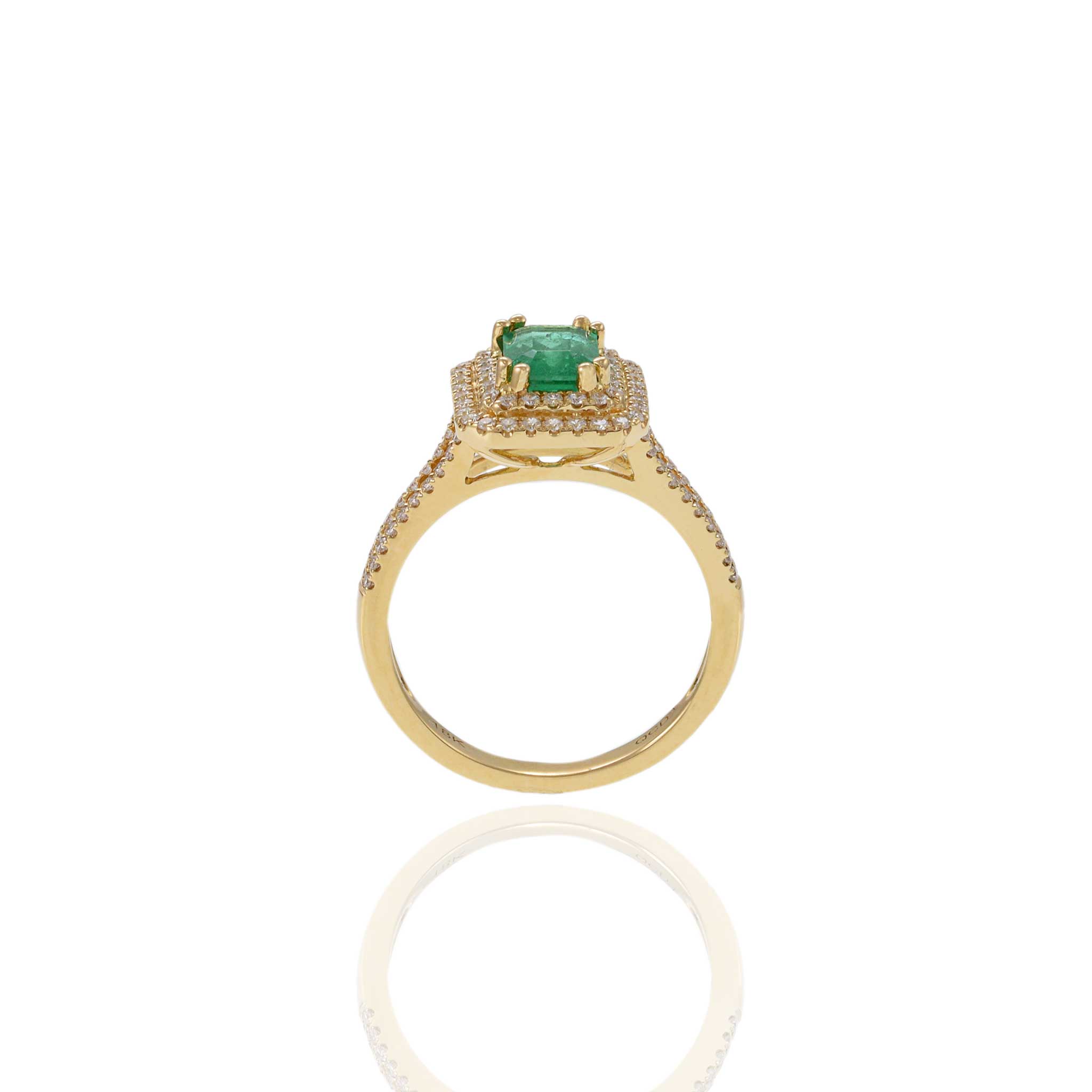 18KT Yellow Gold Emerald Cut Emerald and Diamond Double Halo Ring