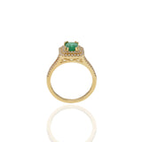 18KT Yellow Gold Emerald Cut Emerald and Diamond Double Halo Ring