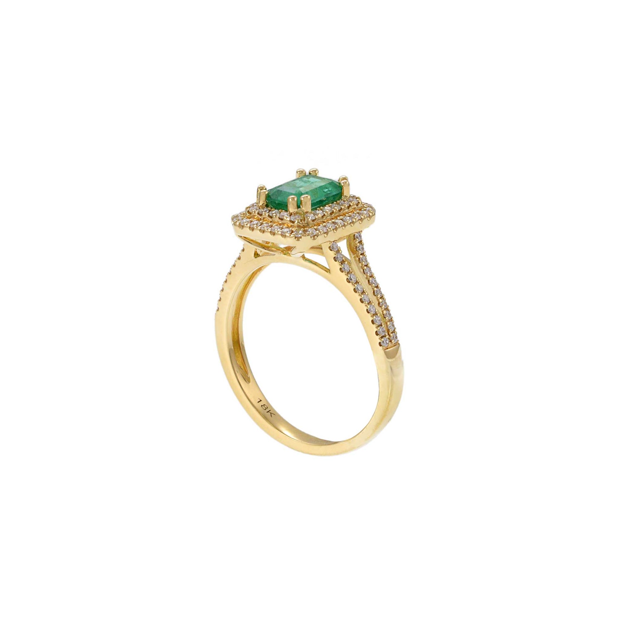 18KT Yellow Gold Emerald Cut Emerald and Diamond Double Halo Ring