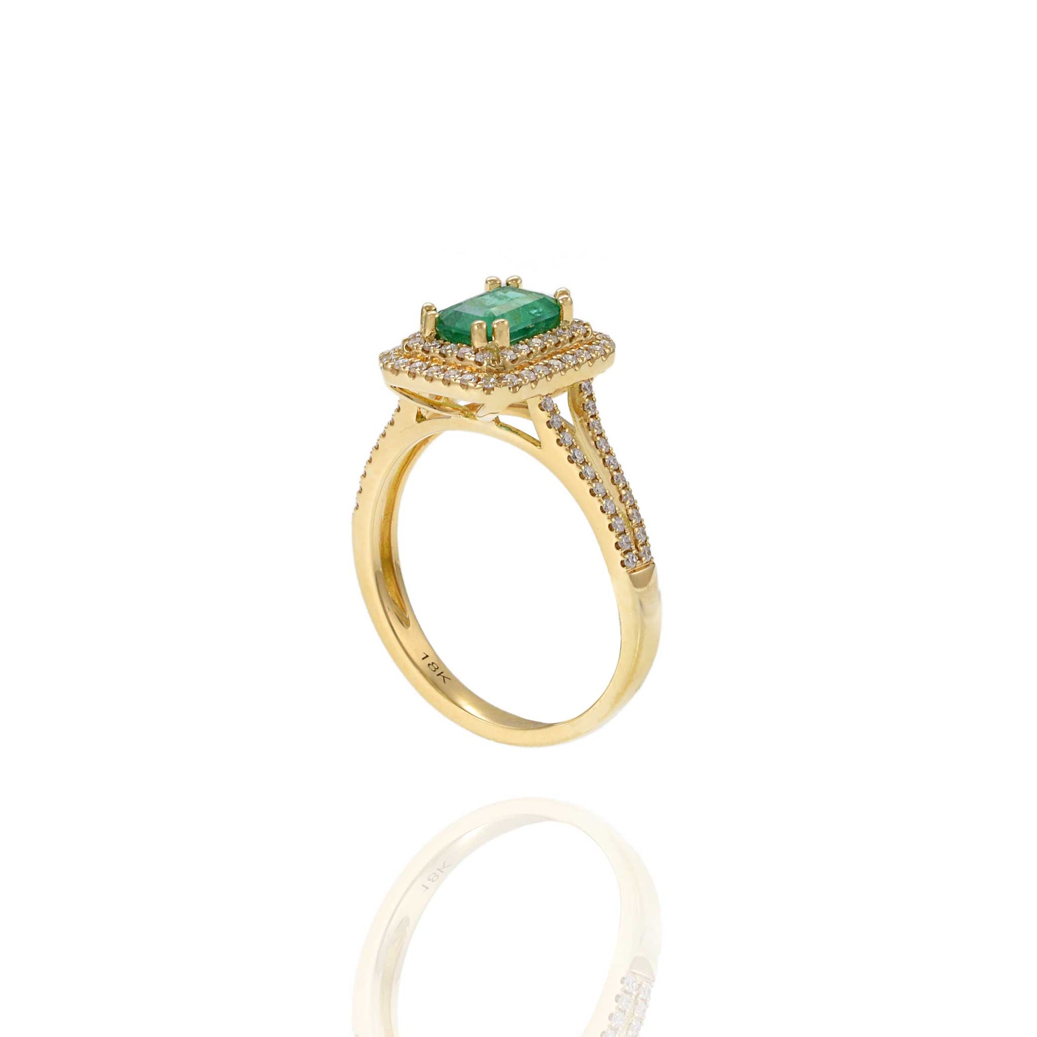 18KT Yellow Gold Emerald Cut Emerald and Diamond Double Halo Ring