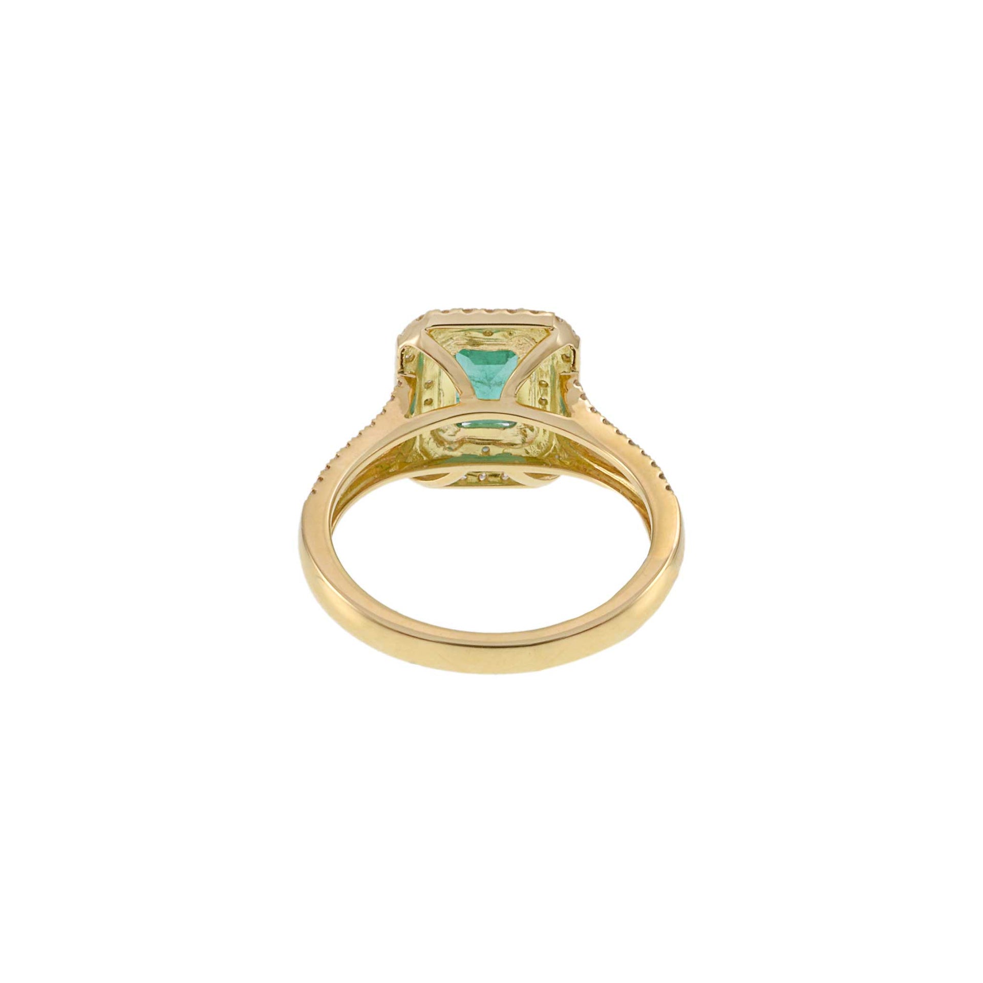 18KT Yellow Gold Emerald Cut Emerald and Diamond Double Halo Ring