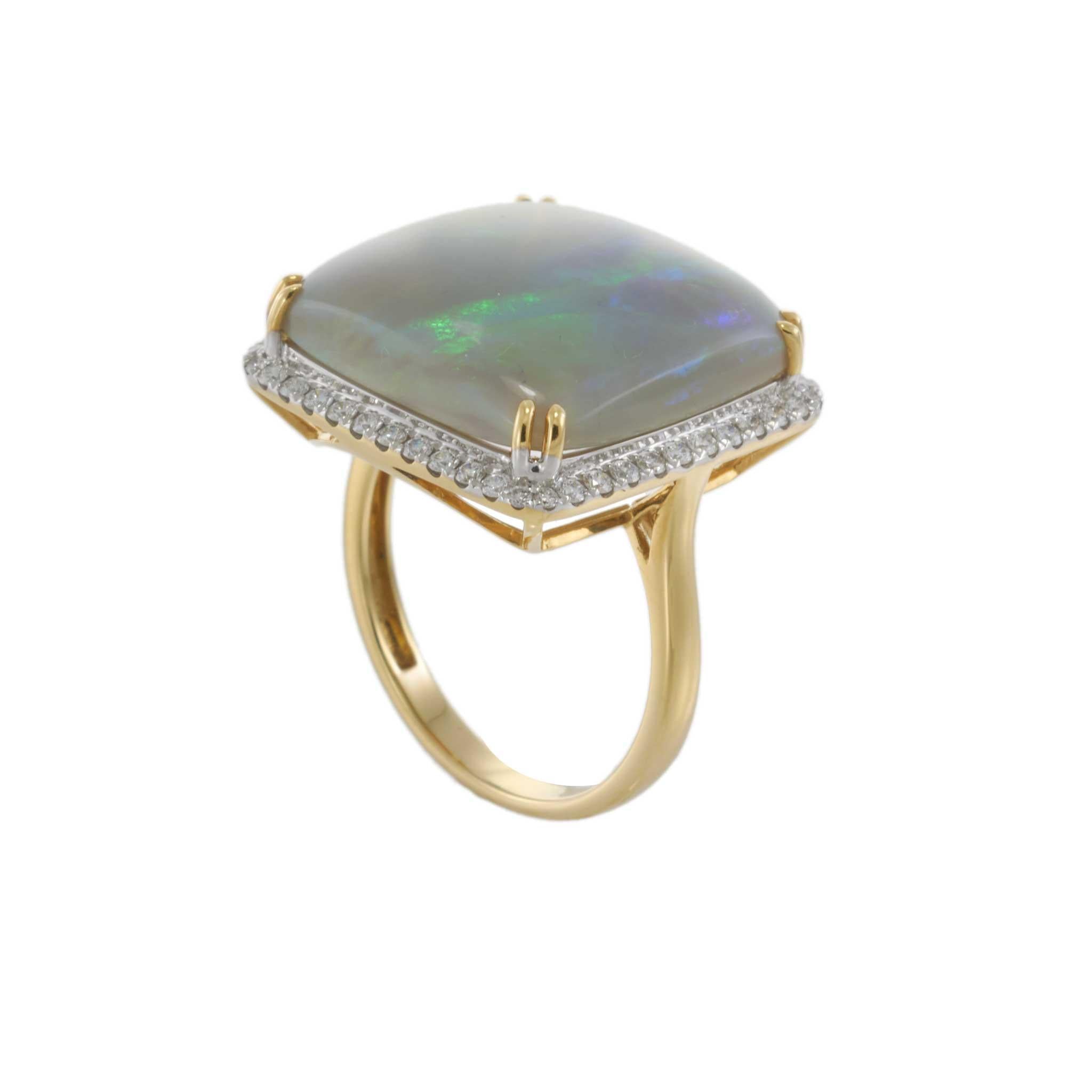 18KT Yellow Gold Square Opal and Diamond Ring