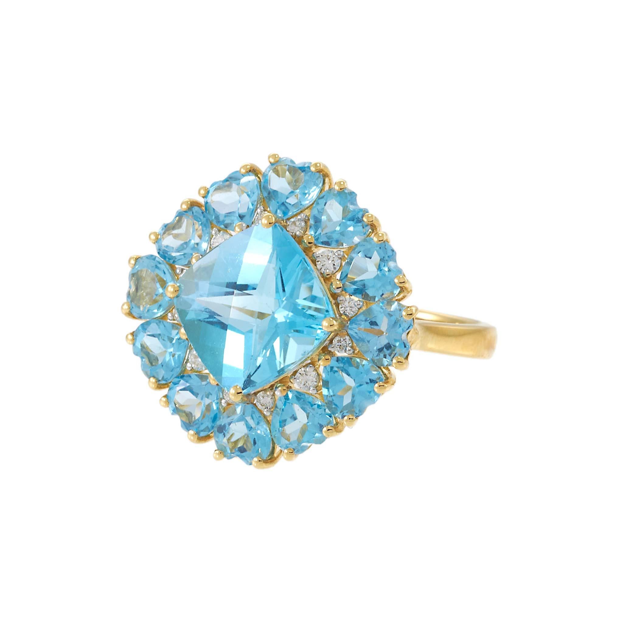 18KT Yellow Gold Blue Topaz & Diamond Cluster Ring