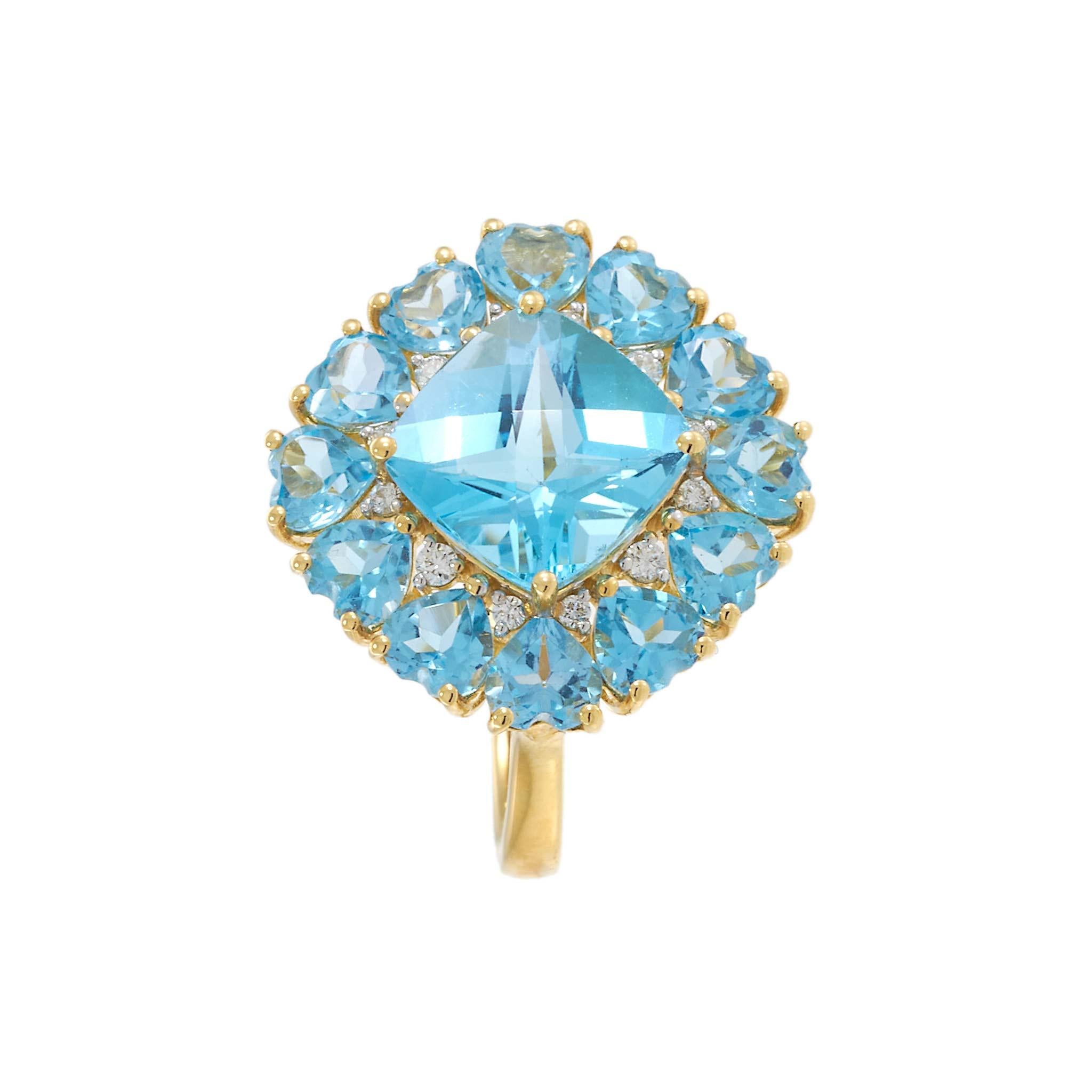 18KT Yellow Gold Blue Topaz & Diamond Cluster Ring