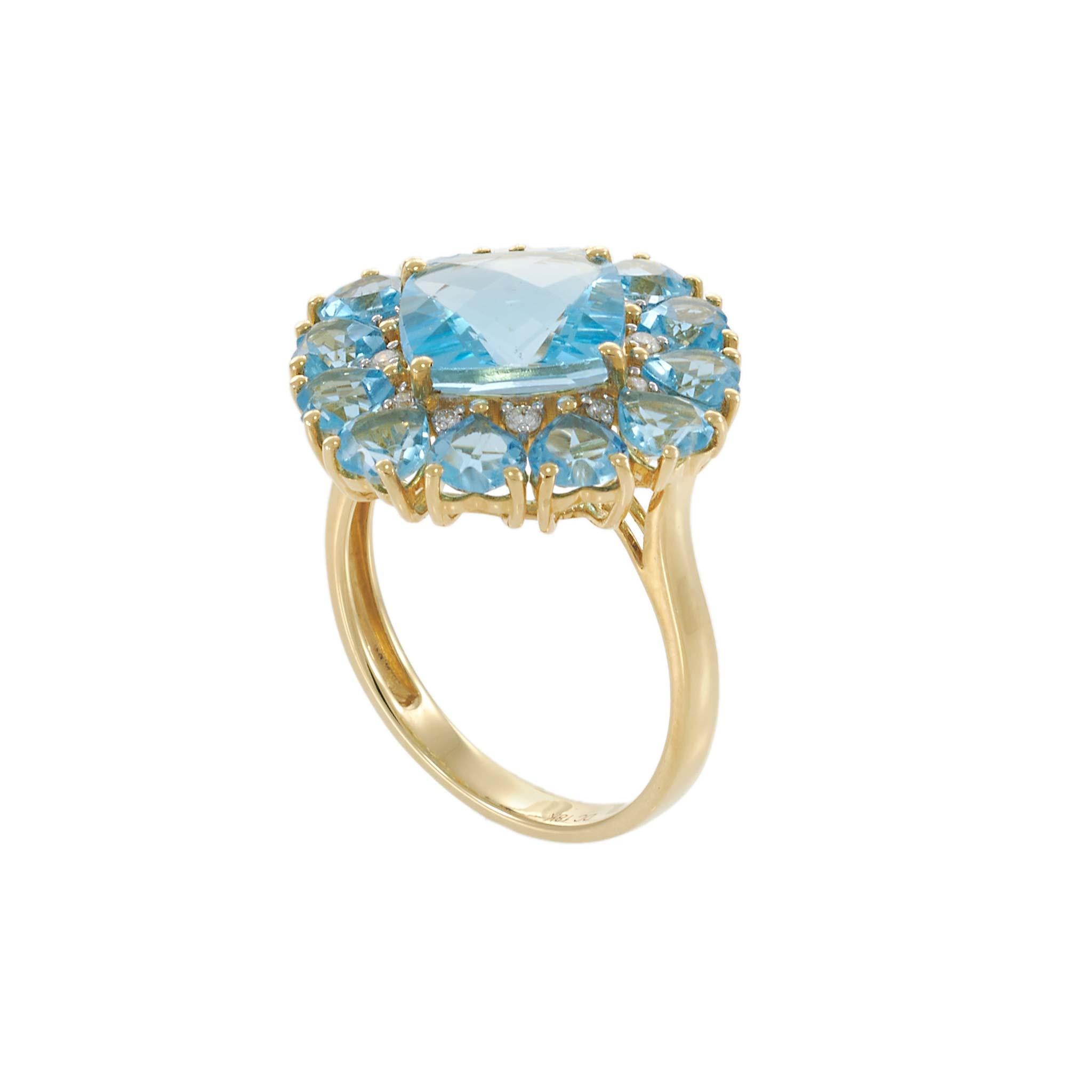 18KT Yellow Gold Blue Topaz & Diamond Cluster Ring