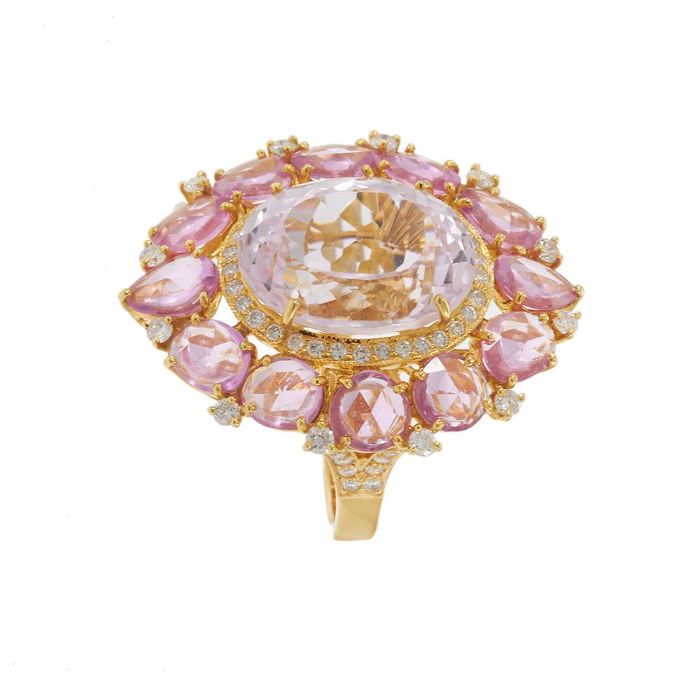 18KT Yellow Gold Kunzite, Pink Sapphire, and Diamond Cocktail Ring