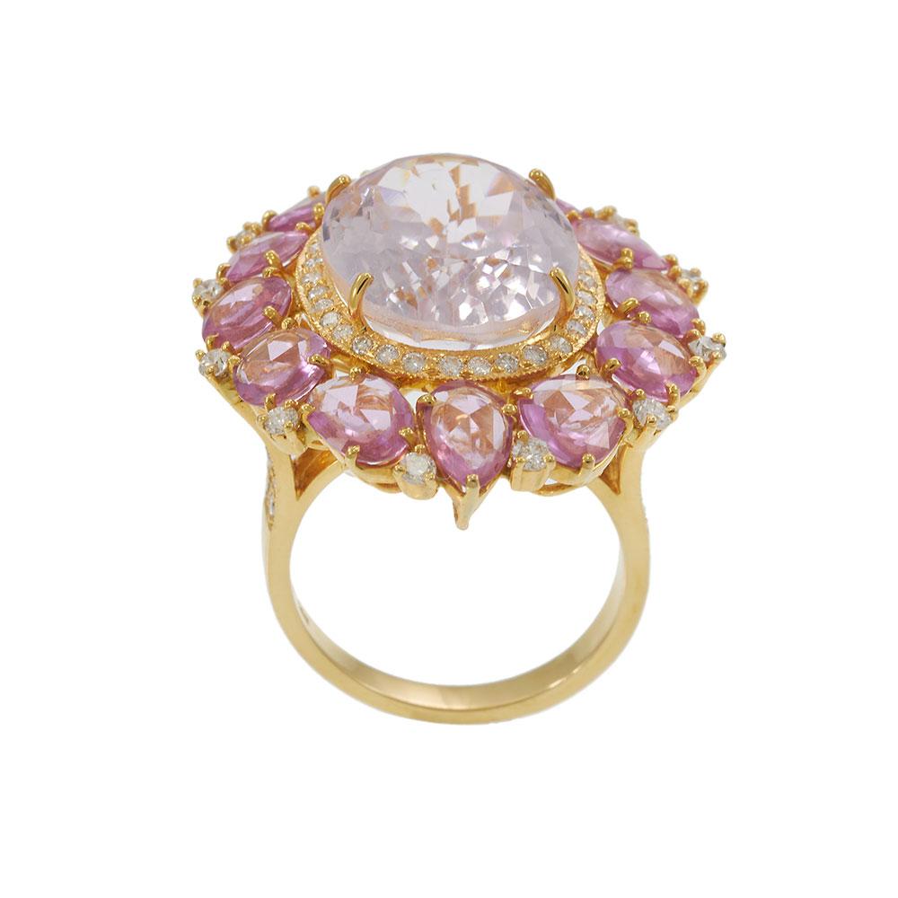 18KT Yellow Gold Kunzite, Pink Sapphire, and Diamond Cocktail Ring