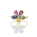 18KT Yellow Gold Multi-Color Pear-Cut Sapphire and Diamond Flower Ring