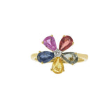 18KT Yellow Gold Multi-Color Pear-Cut Sapphire and Diamond Flower Ring