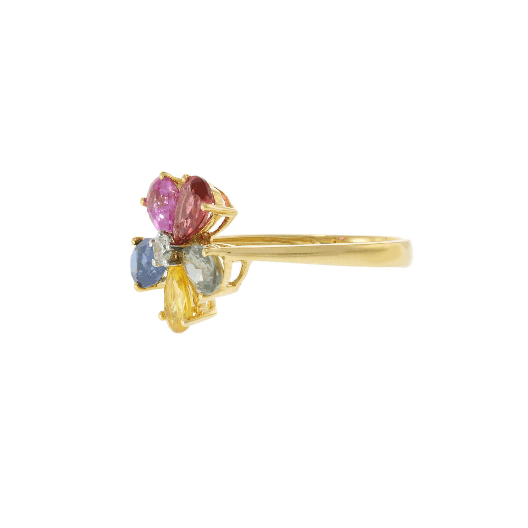 18KT Yellow Gold Multi-Color Pear-Cut Sapphire and Diamond Flower Ring