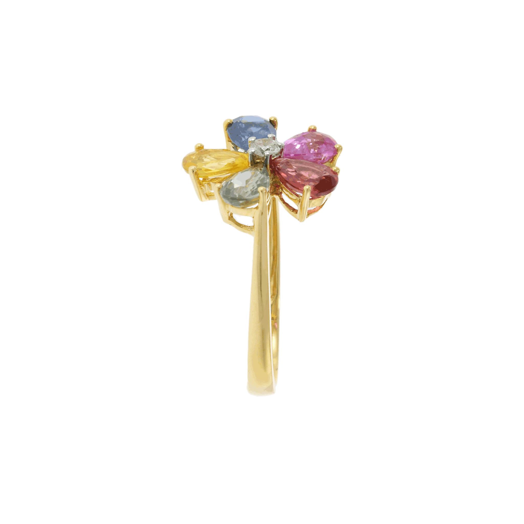 18KT Yellow Gold Multi-Color Pear-Cut Sapphire and Diamond Flower Ring