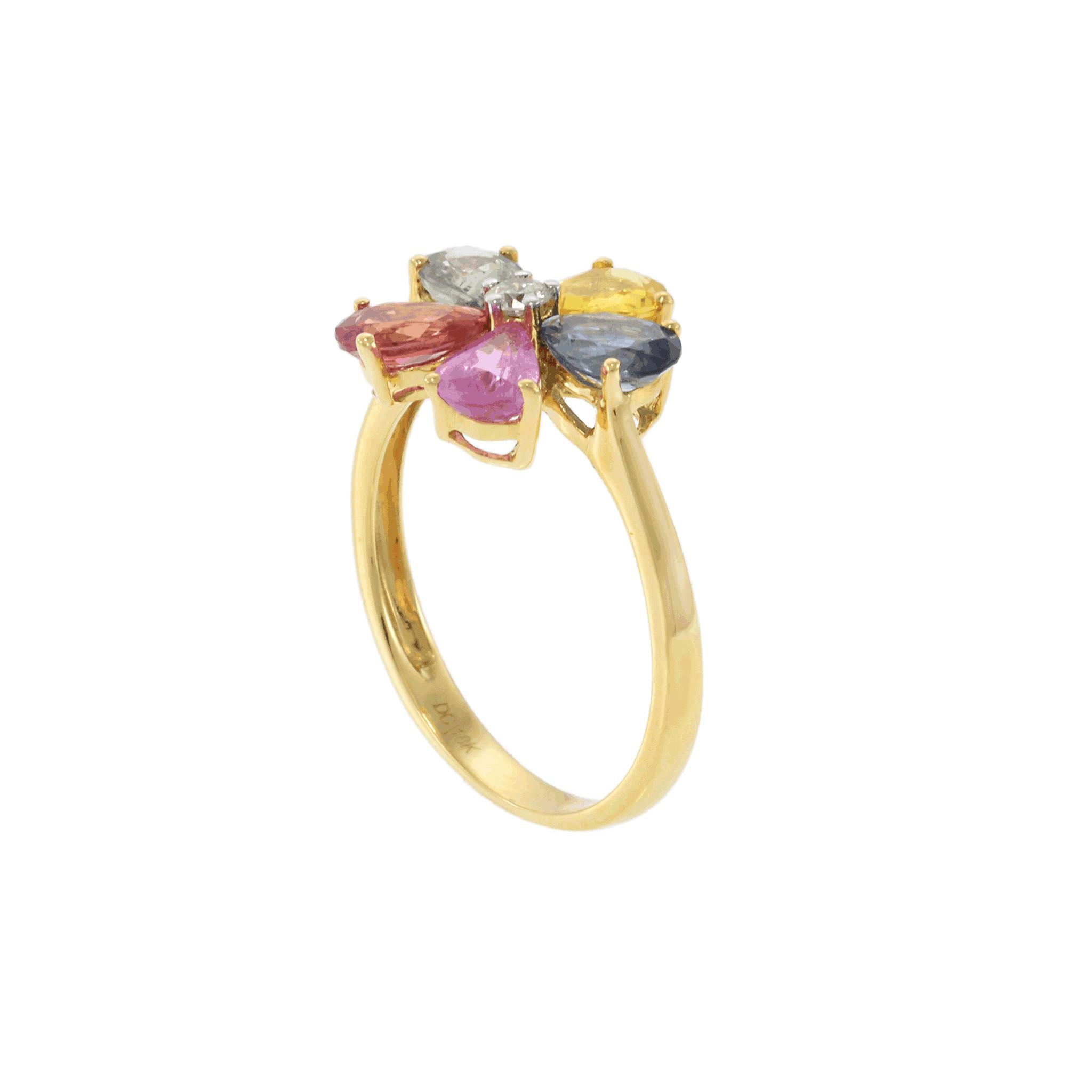 18KT Yellow Gold Multi-Color Pear-Cut Sapphire and Diamond Flower Ring