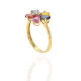 18KT Yellow Gold Multi-Color Pear-Cut Sapphire and Diamond Flower Ring