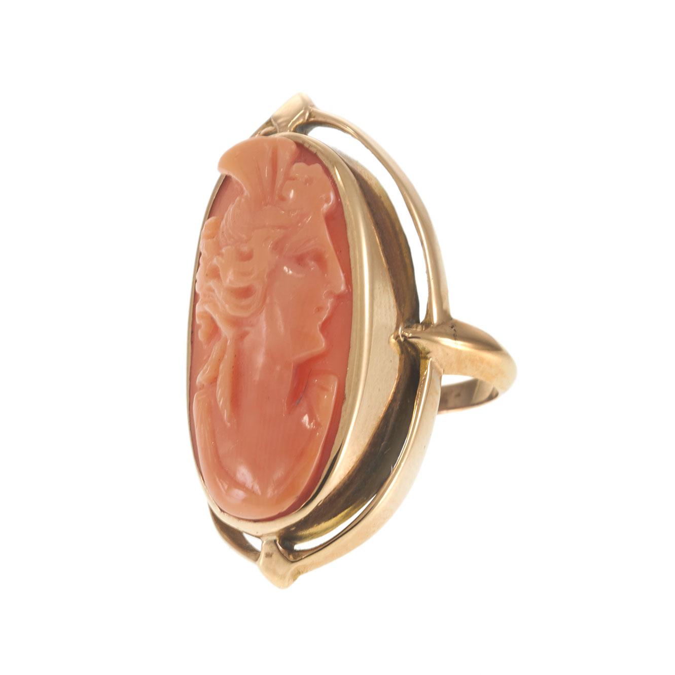 14KT Yellow Gold Oval Carved Coral Cameo Ring with Open Oval Frame