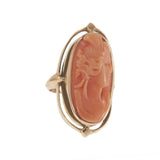 14KT Yellow Gold Oval Carved Coral Cameo Ring with Open Oval Frame