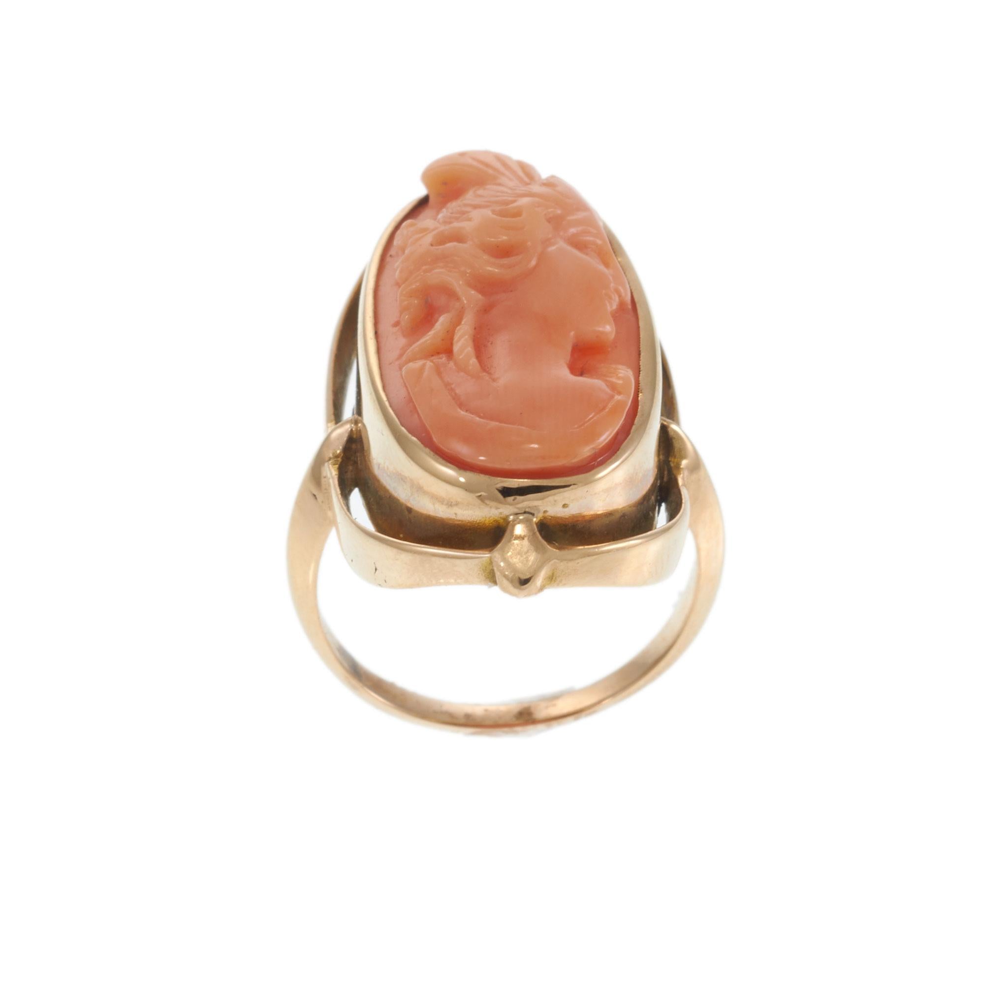 14KT Yellow Gold Oval Carved Coral Cameo Ring with Open Oval Frame