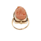 14KT Yellow Gold Oval Carved Coral Cameo Ring with Open Oval Frame