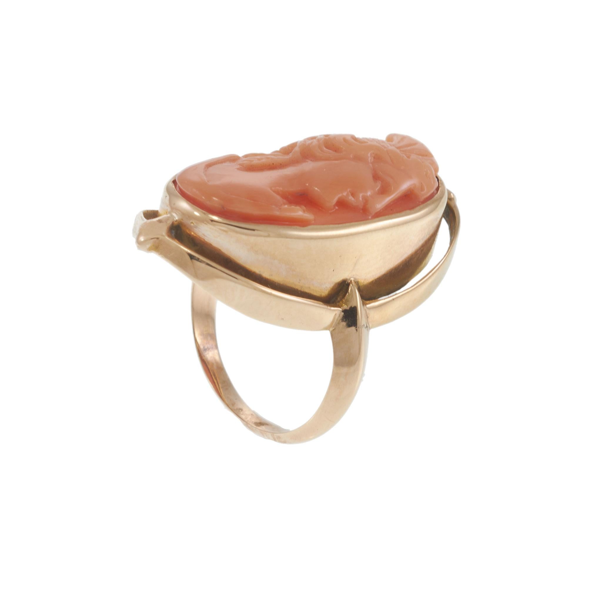 14KT Yellow Gold Oval Carved Coral Cameo Ring with Open Oval Frame