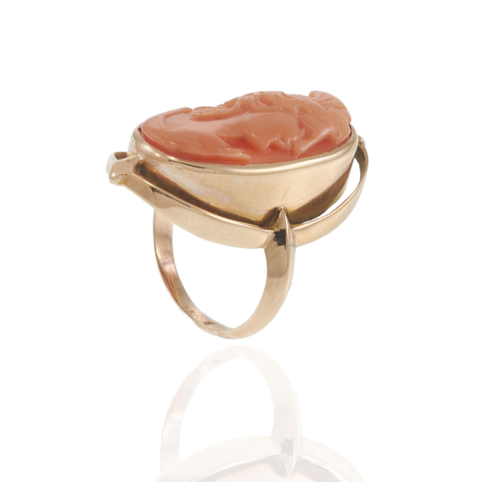 14KT Yellow Gold Oval Carved Coral Cameo Ring with Open Oval Frame
