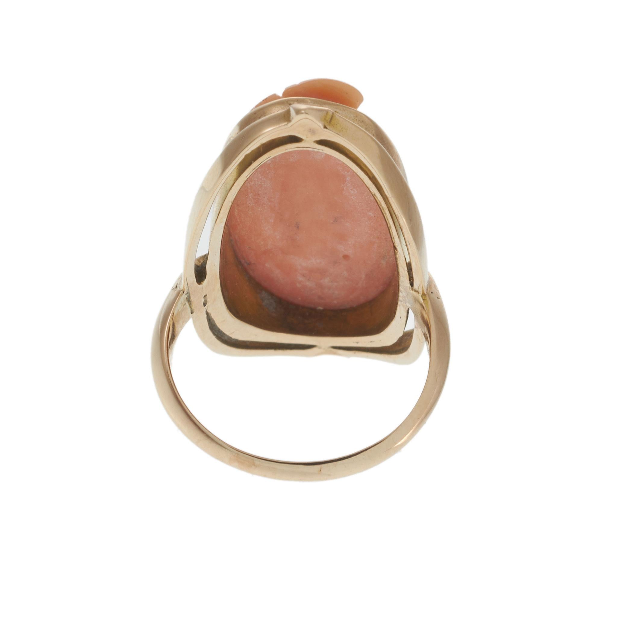 14KT Yellow Gold Oval Carved Coral Cameo Ring with Open Oval Frame