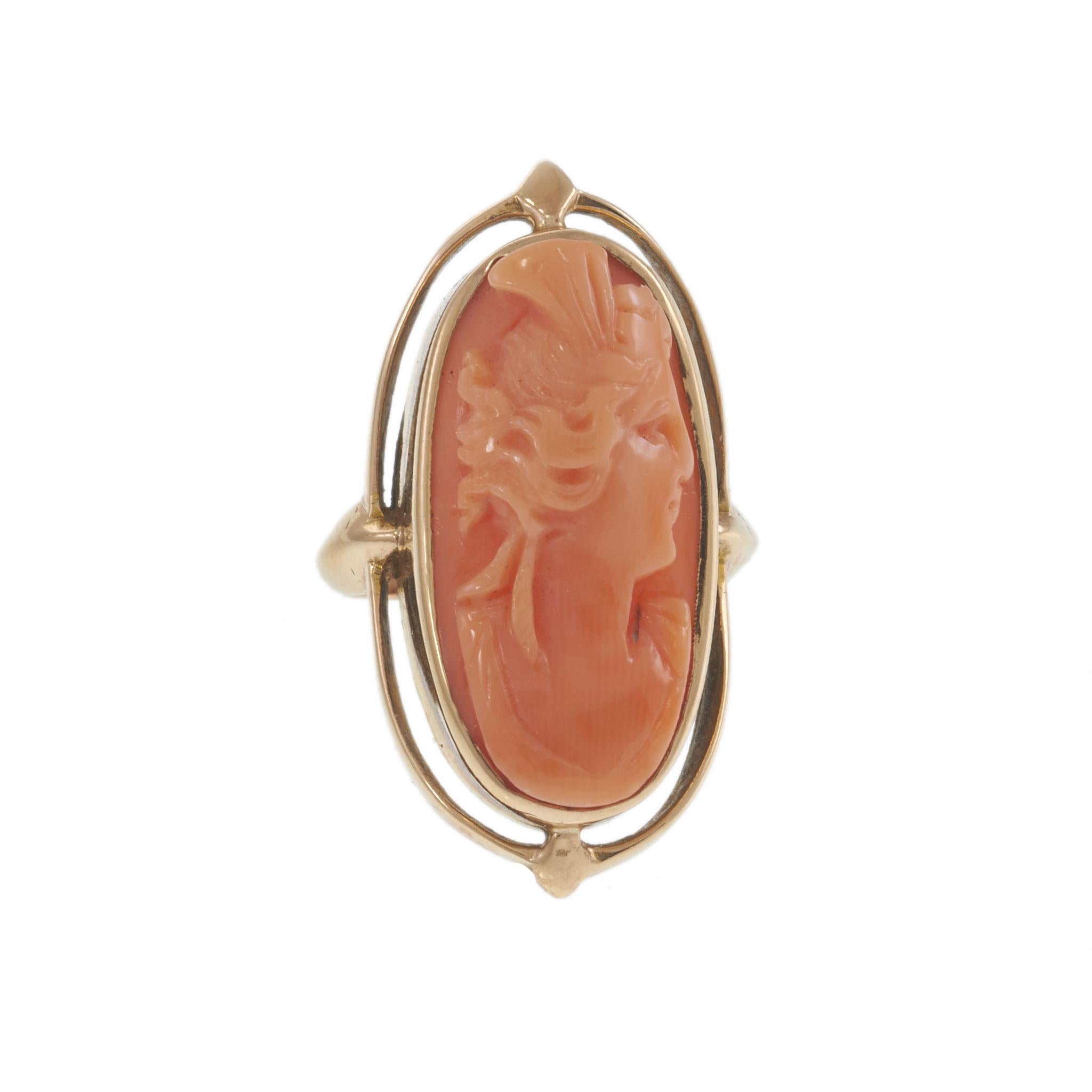 14KT Yellow Gold Oval Carved Coral Cameo Ring with Open Oval Frame