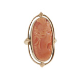 14KT Yellow Gold Oval Carved Coral Cameo Ring with Open Oval Frame
