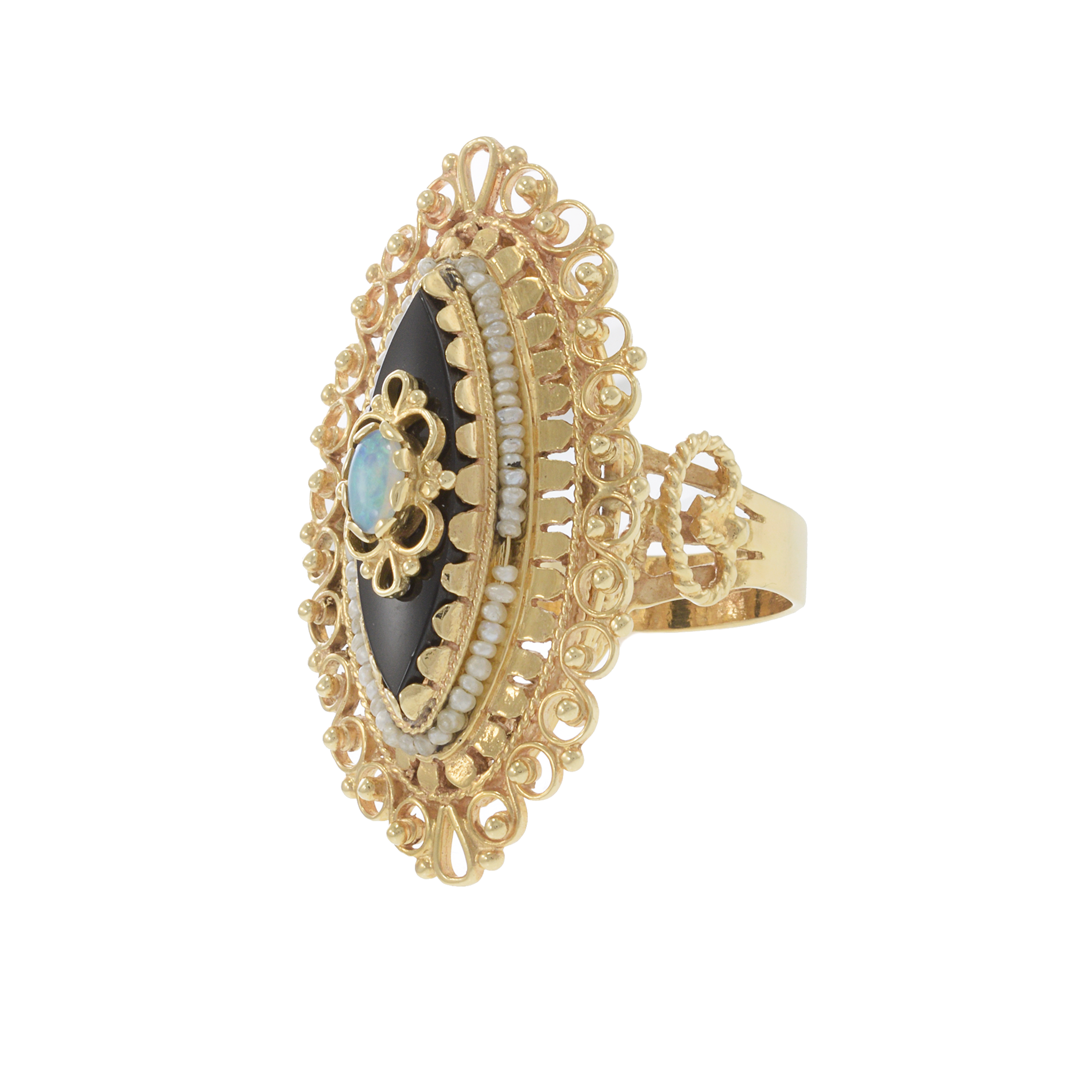 Art Deco 14KT Yellow Gold  Black Onyx, Opal, and Seed Pearl Filigree Ring