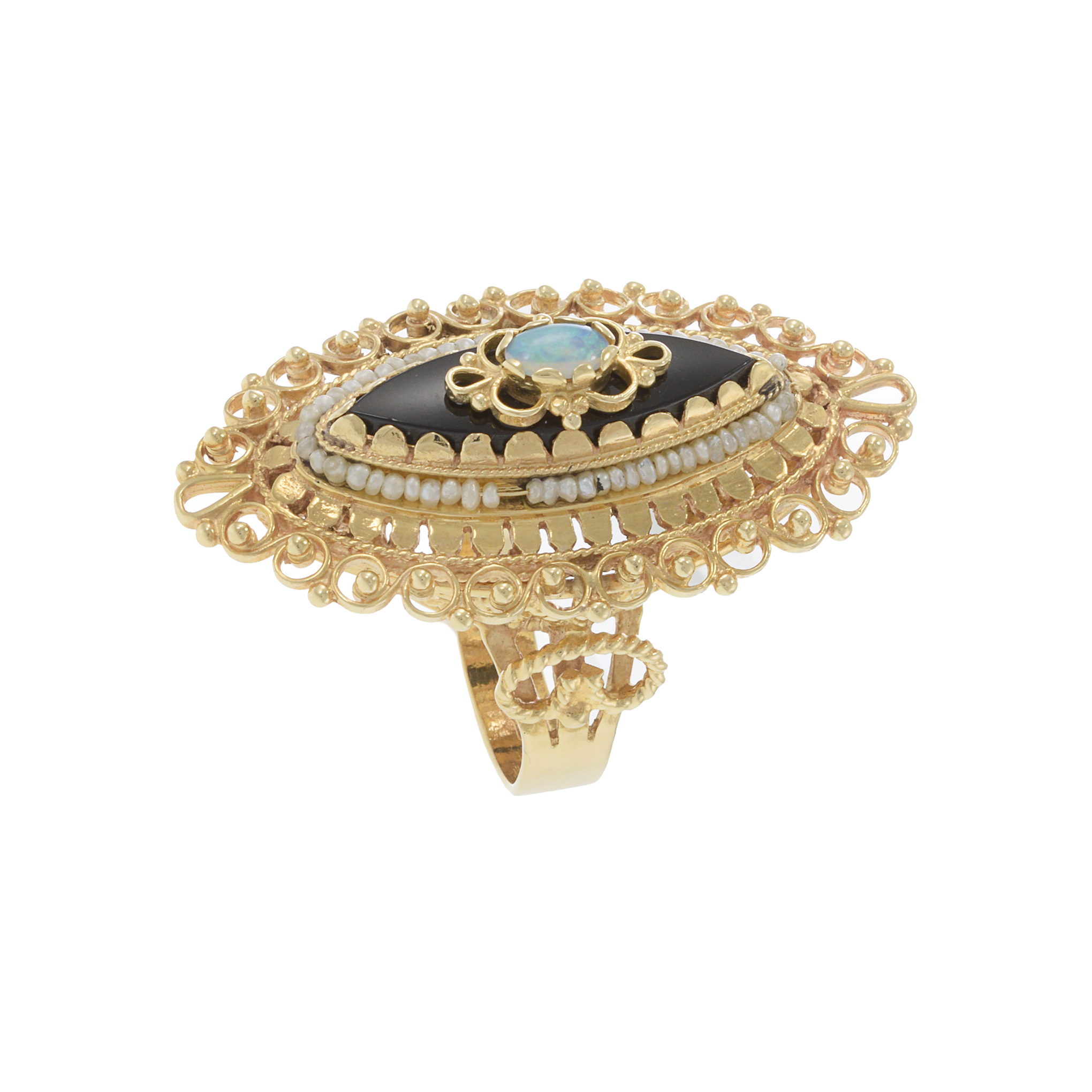 Art Deco 14KT Yellow Gold  Black Onyx, Opal, and Seed Pearl Filigree Ring