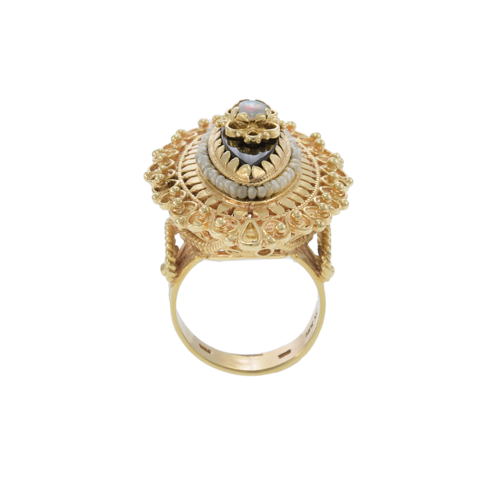 Art Deco 14KT Yellow Gold  Black Onyx, Opal, and Seed Pearl Filigree Ring