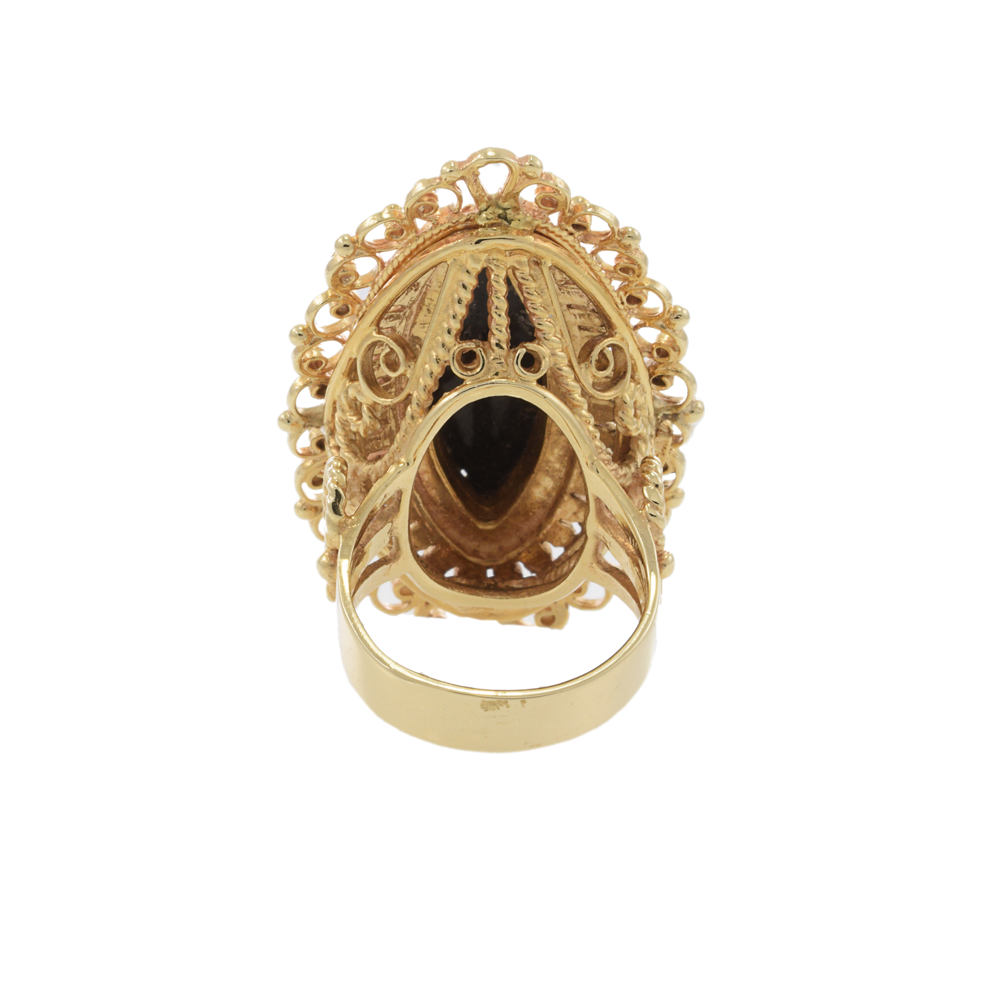 Art Deco 14KT Yellow Gold  Black Onyx, Opal, and Seed Pearl Filigree Ring