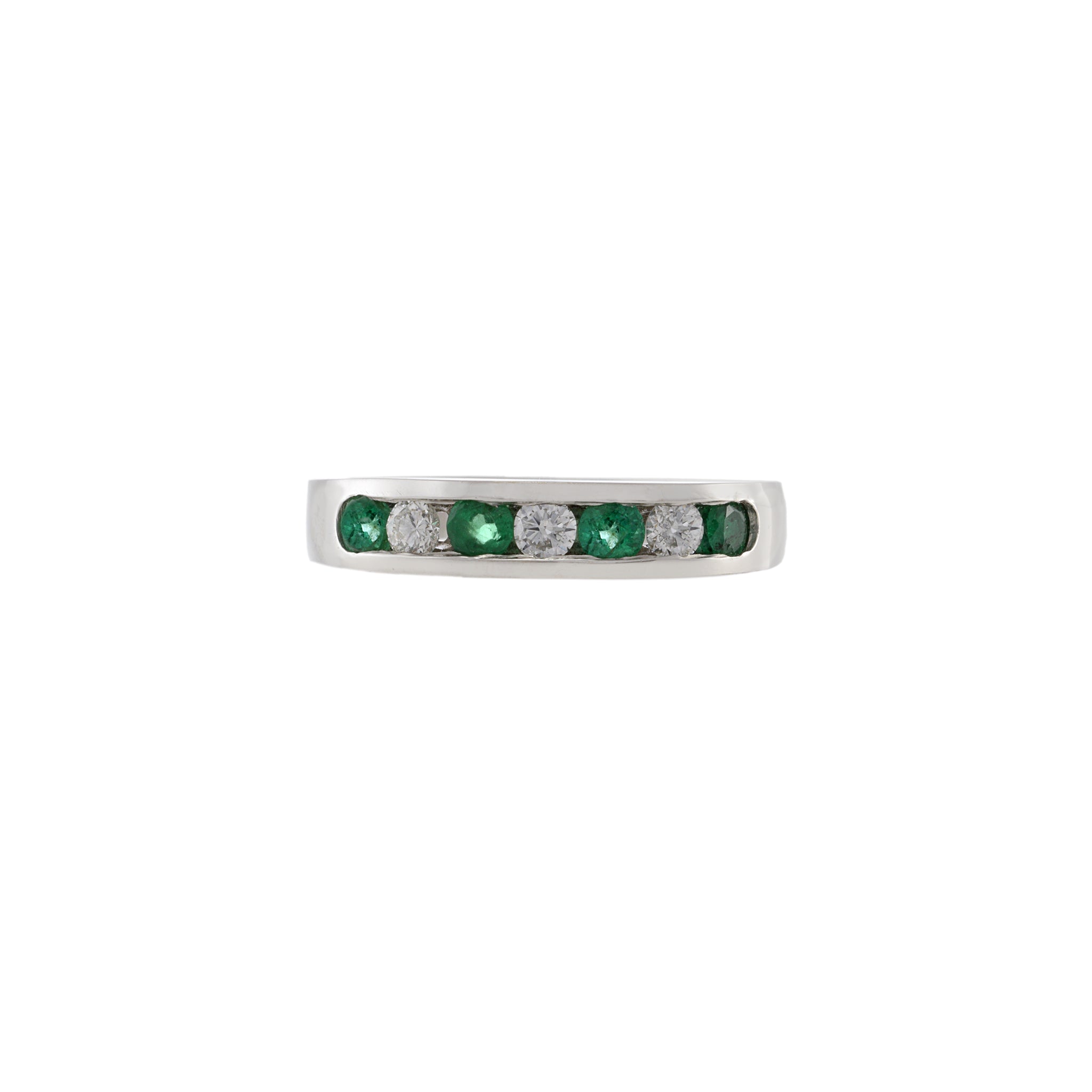 14KT White Gold Round Cut Diamond and Emerald Channel Set Ring