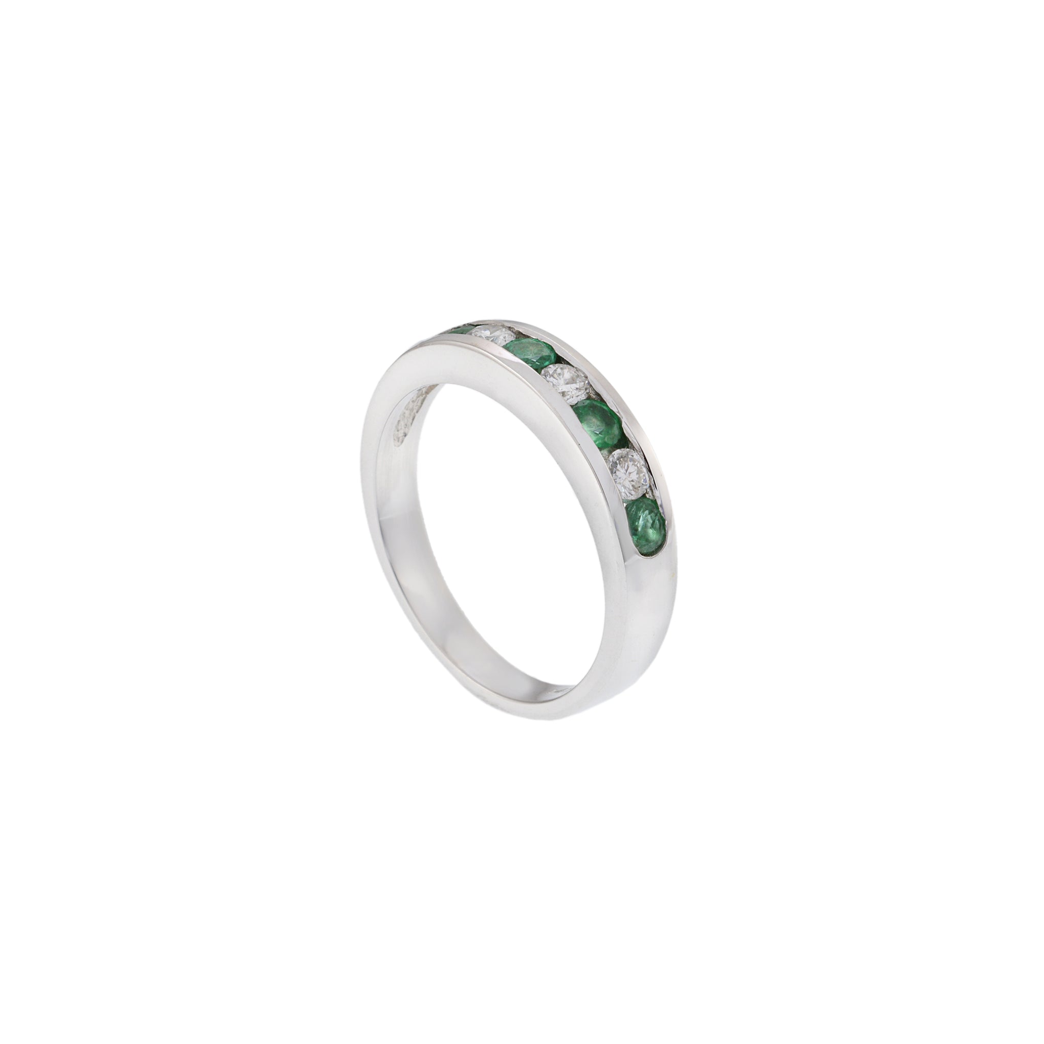 14KT White Gold Round Cut Diamond and Emerald Channel Set Ring