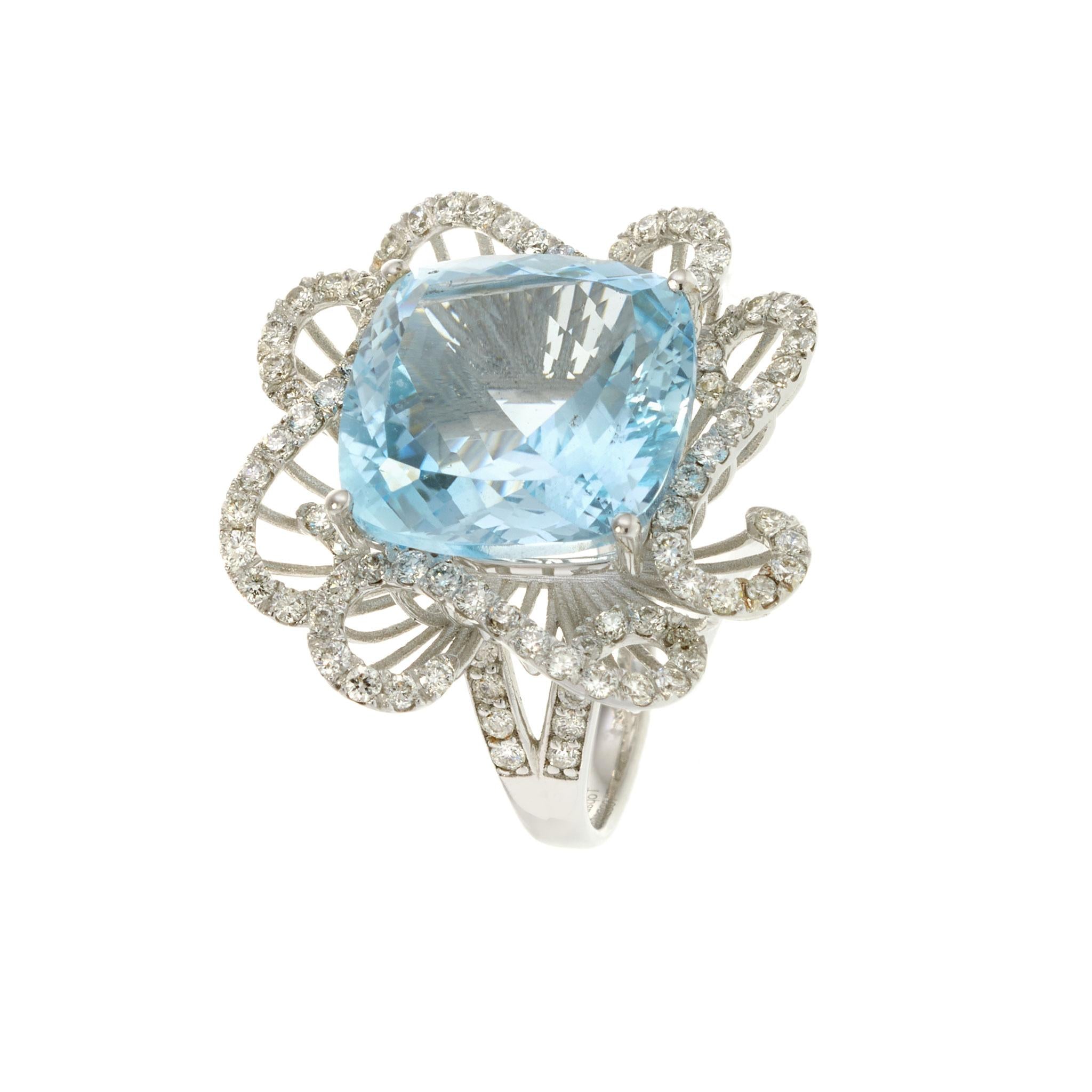 18KT White Gold 18.33CT Blue Topaz and Diamond Floral Statement Ring