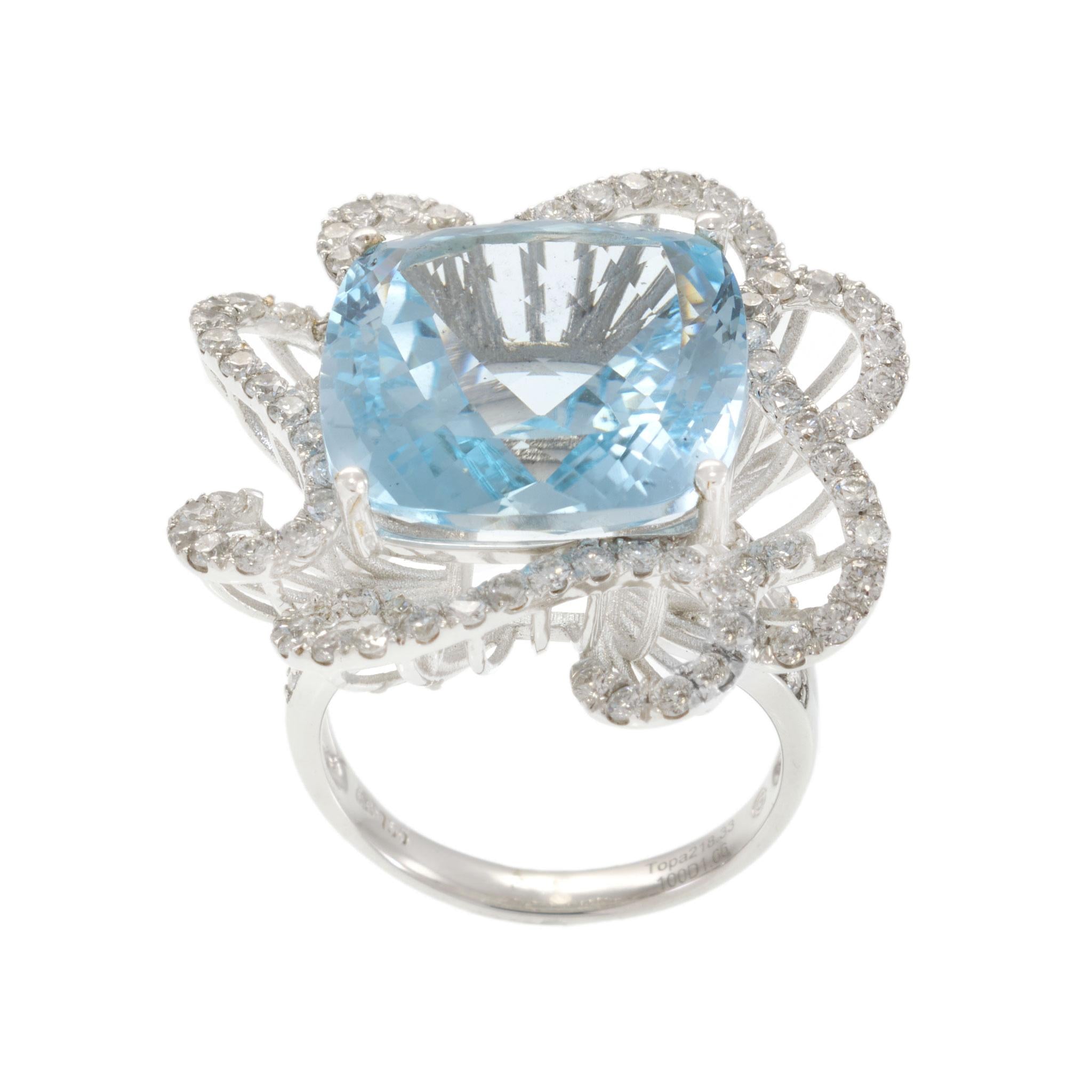18KT White Gold 18.33CT Blue Topaz and Diamond Floral Statement Ring
