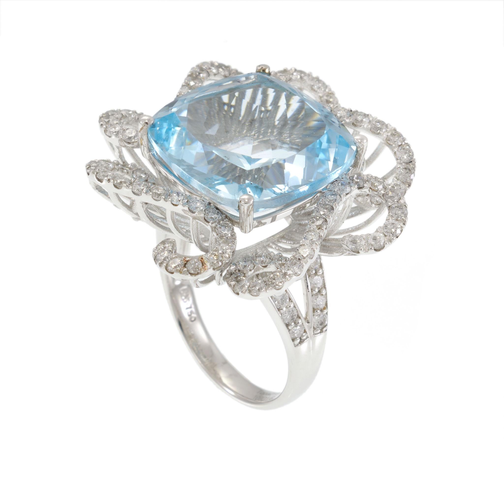 18KT White Gold 18.33CT Blue Topaz and Diamond Floral Statement Ring