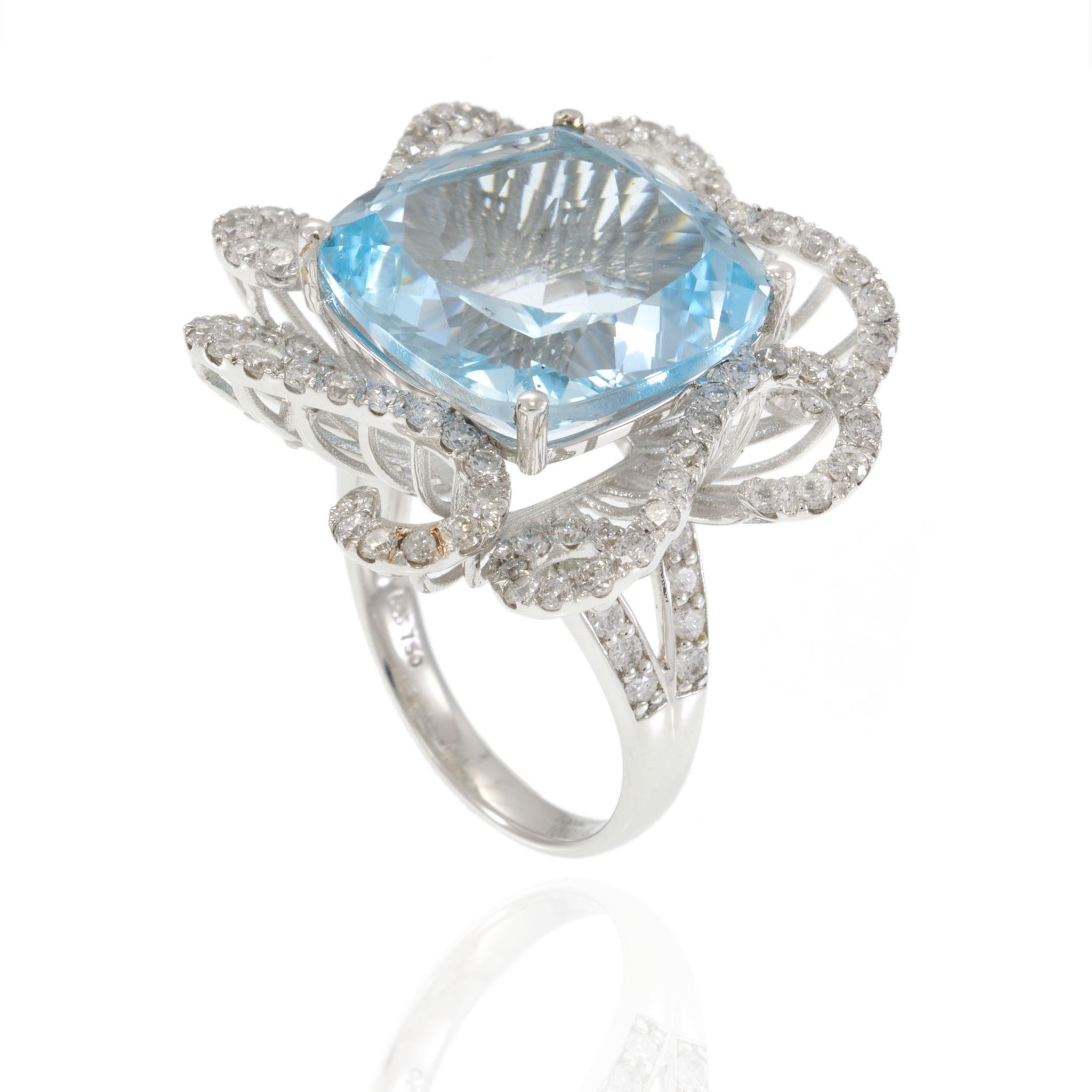 18KT White Gold 18.33CT Blue Topaz and Diamond Floral Statement Ring
