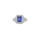 18KT White Gold Art Deco Style Emerald Tanzanite And Diamond Ring