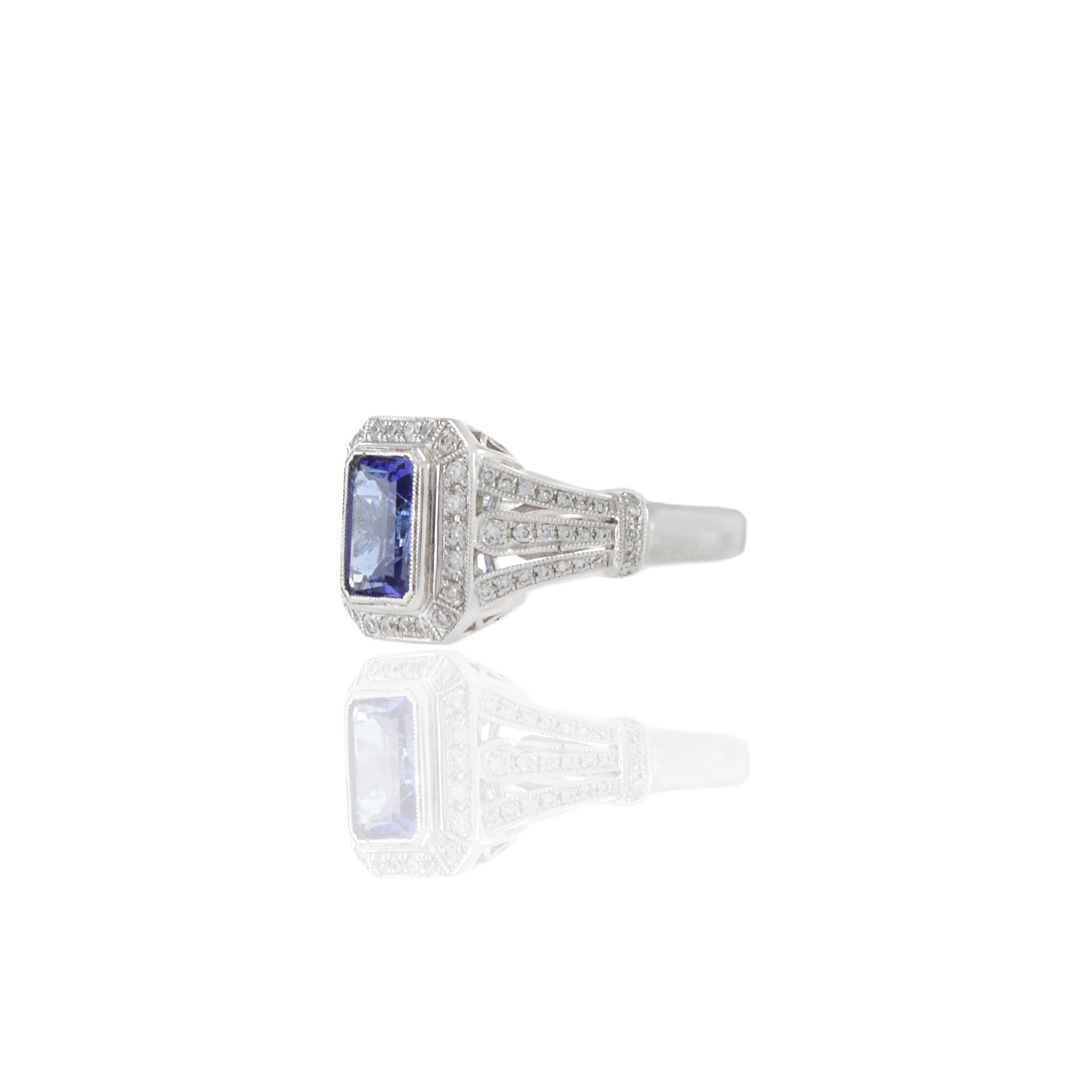 18KT White Gold Art Deco Style Emerald Tanzanite And Diamond Ring