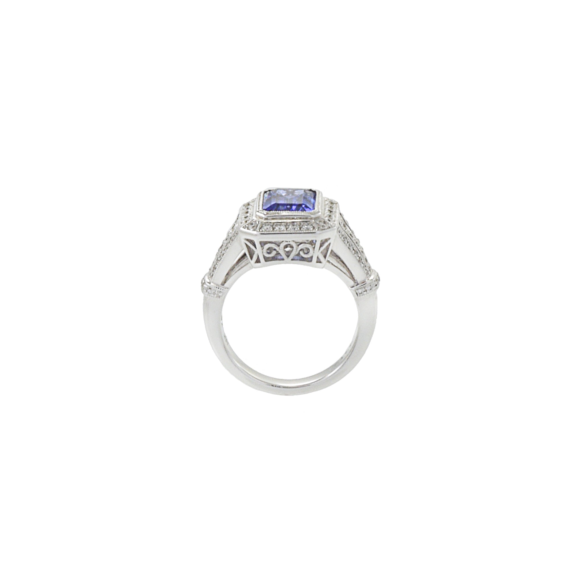 18KT White Gold Art Deco Style Emerald Tanzanite And Diamond Ring