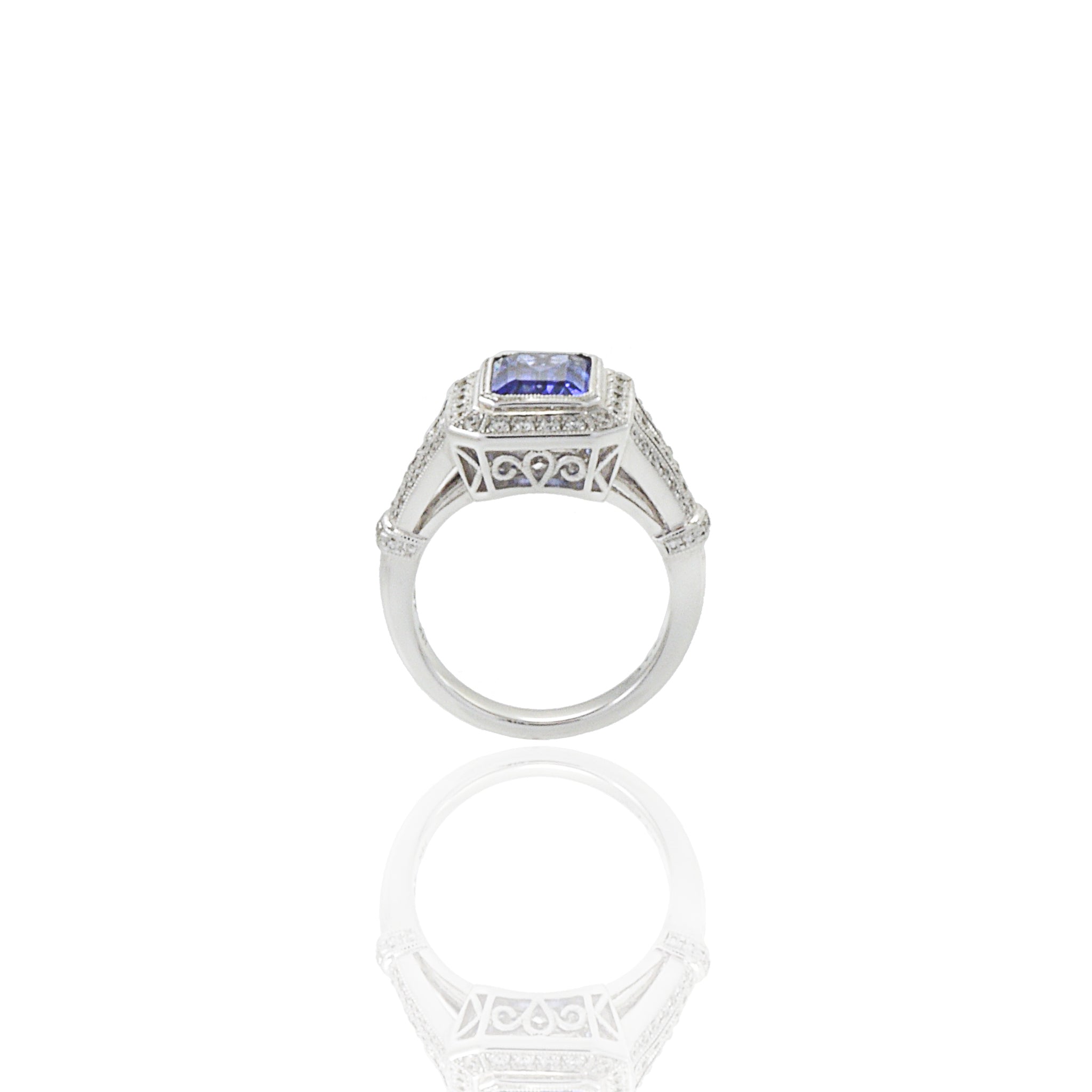 18KT White Gold Art Deco Style Emerald Tanzanite And Diamond Ring