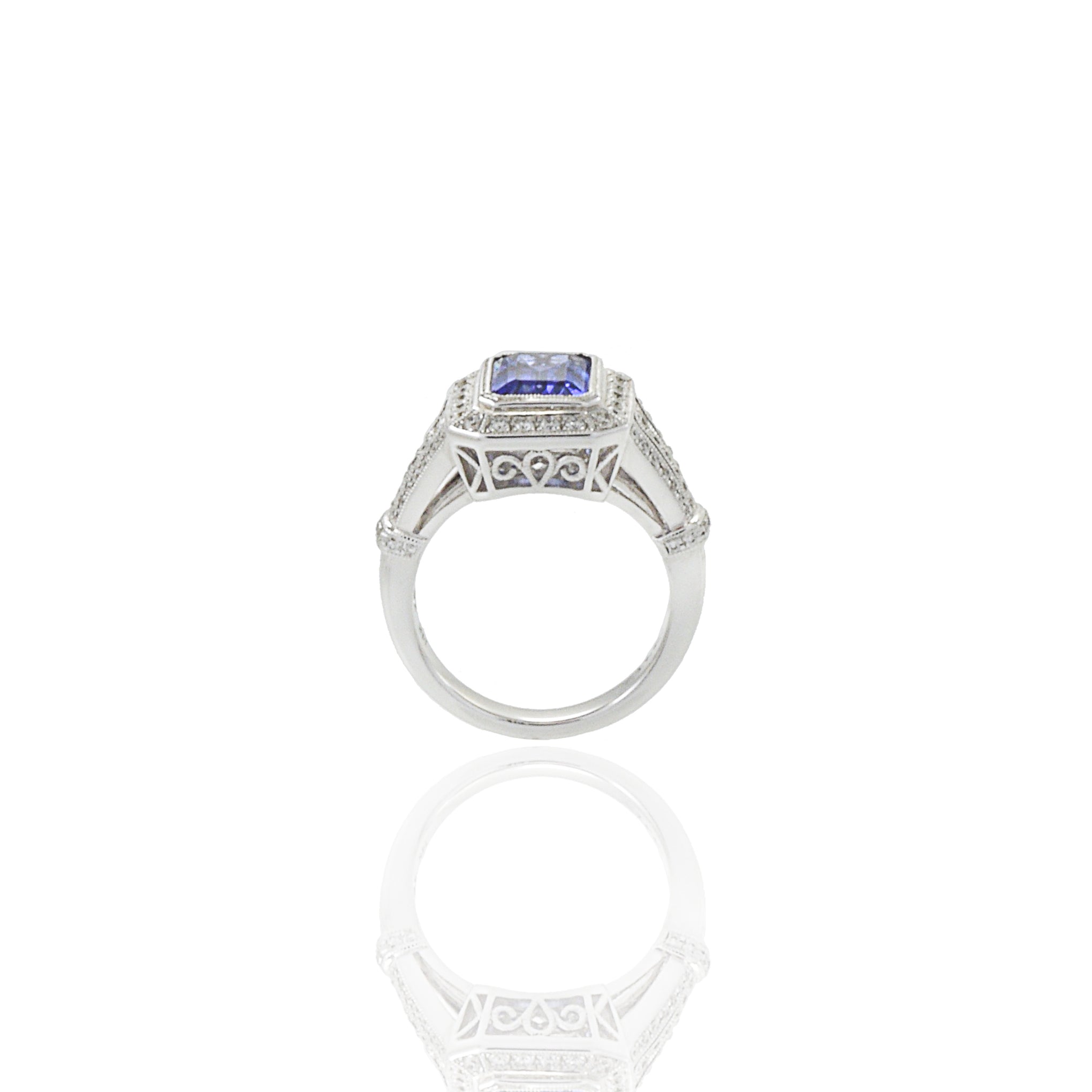 18KT White Gold Art Deco Style Emerald Tanzanite And Diamond Ring